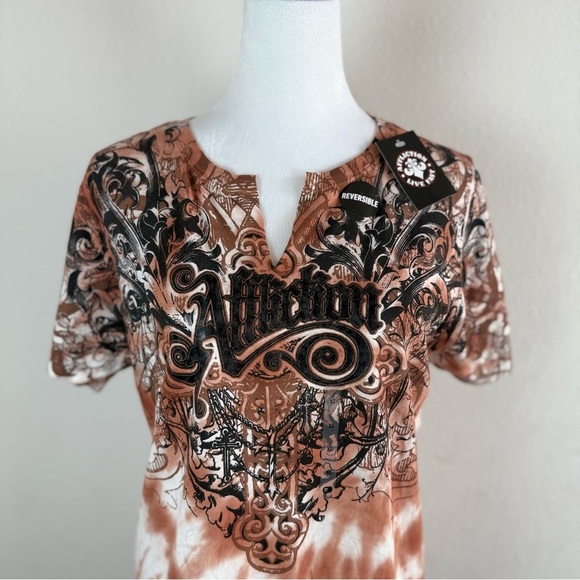 NWT Affliction Reversible Graphic Tee XL Brown Tie-Dye Cutout Back Size XL - Picture 6 of 11